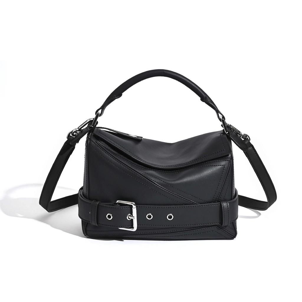 2025 Autumn Geometric Cowhide Crossbody Biker Bag - Large Capacity Genuine Leather Handbag for Women