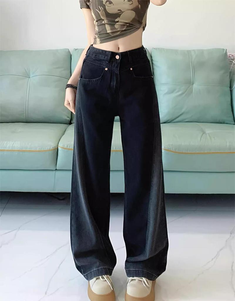 Women's Black Wide Leg Jeans 2024: High Waist Color Block Slimming Pants for Winter, Spring, and Autumn.