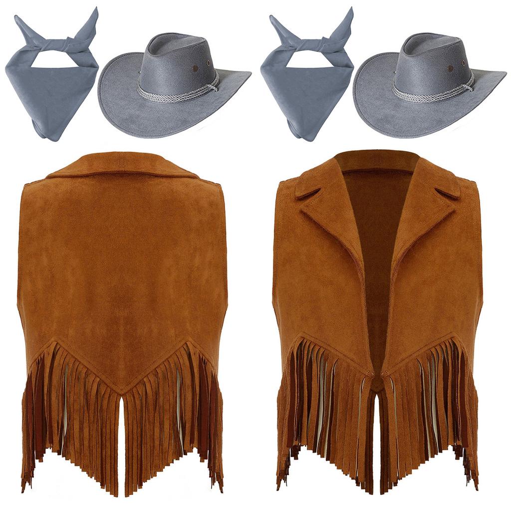 Kids Cowgirl Vest Suede Fringe Tassel Western Costume Set with Bandana Hat for Halloween Rodeo Role Play