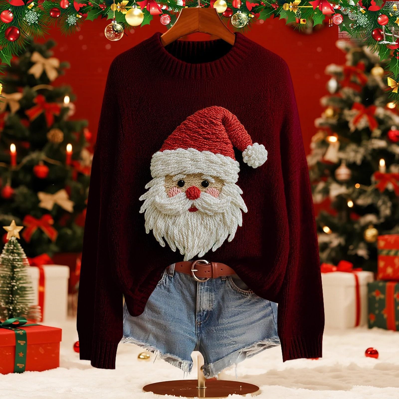 

Женский модный пуловер с рождественским принтом, с длинным рукавом и вырезом под горло, вязаный свитер-топ S винный