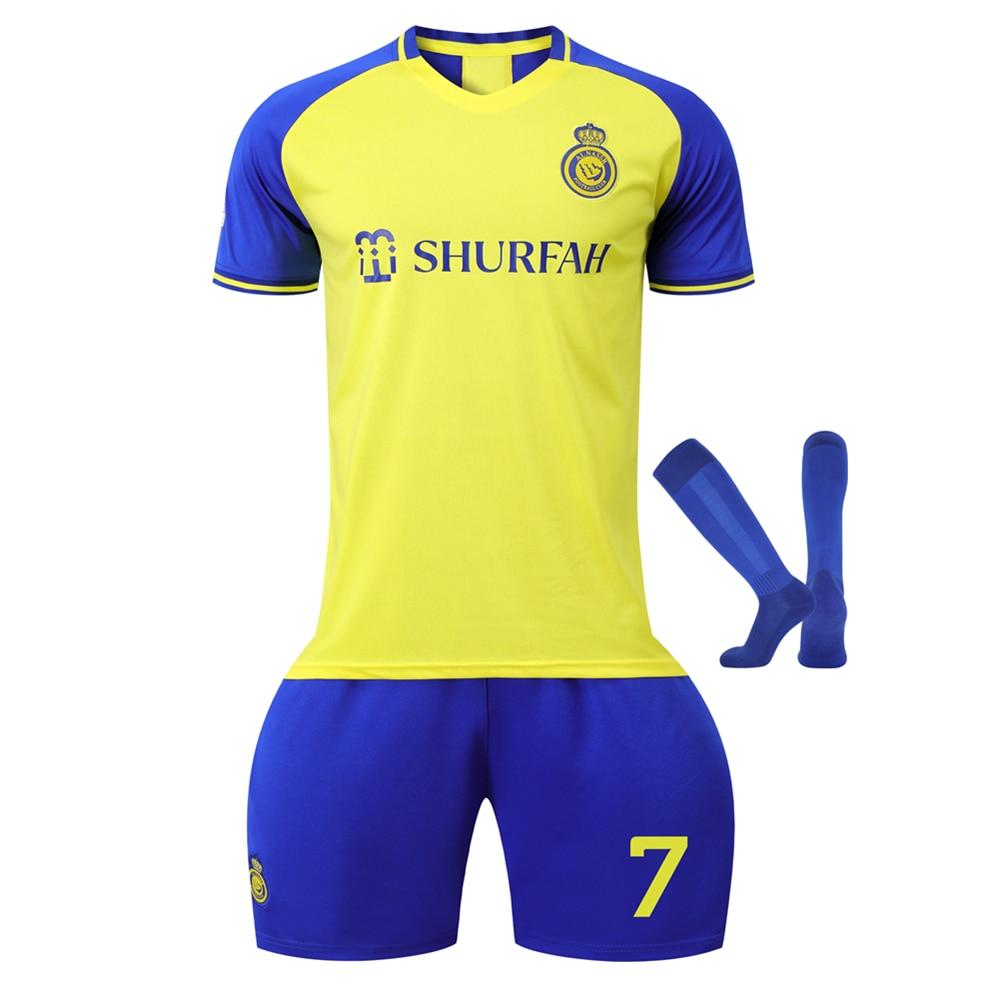 Kids Ronaldo Football Jersey Set Training Wear Polyester Yellow Blue Sports Top Shorts