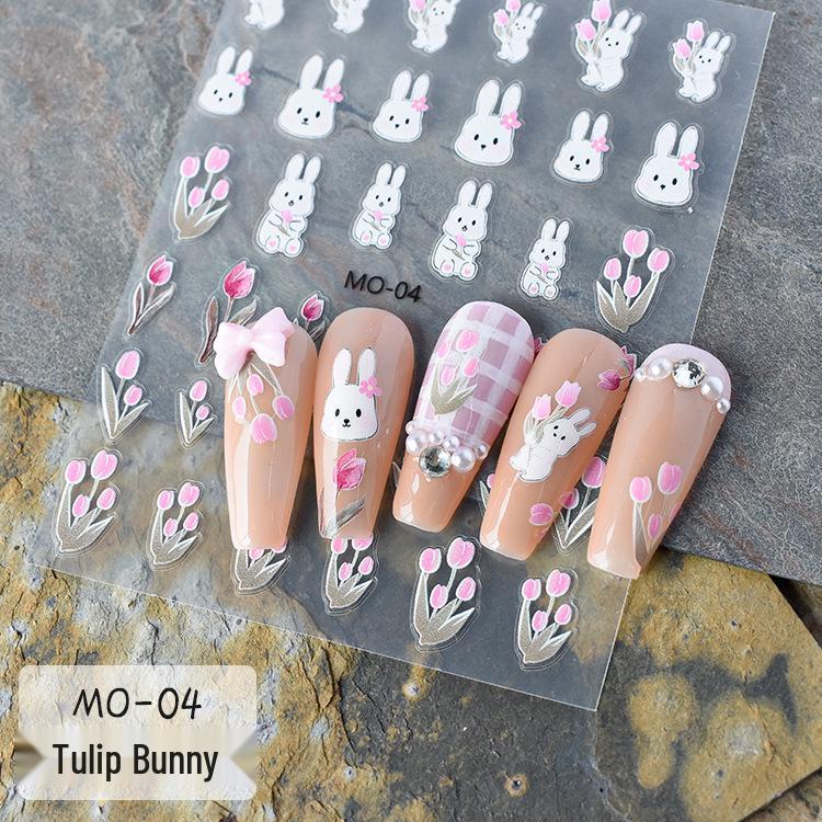 Gold Edge Tulip & Bunny Nail Decals with Hand-Painted Flower Outlines