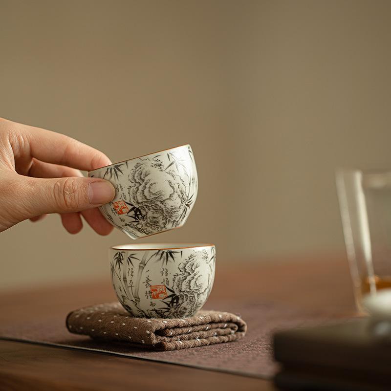 1 pc Chinese Traditional Ru Kiln Ceramic Tea Cup Handmade bamboo leaf Teacup Household Tea Bowl Personal Meditation Cup Teaware