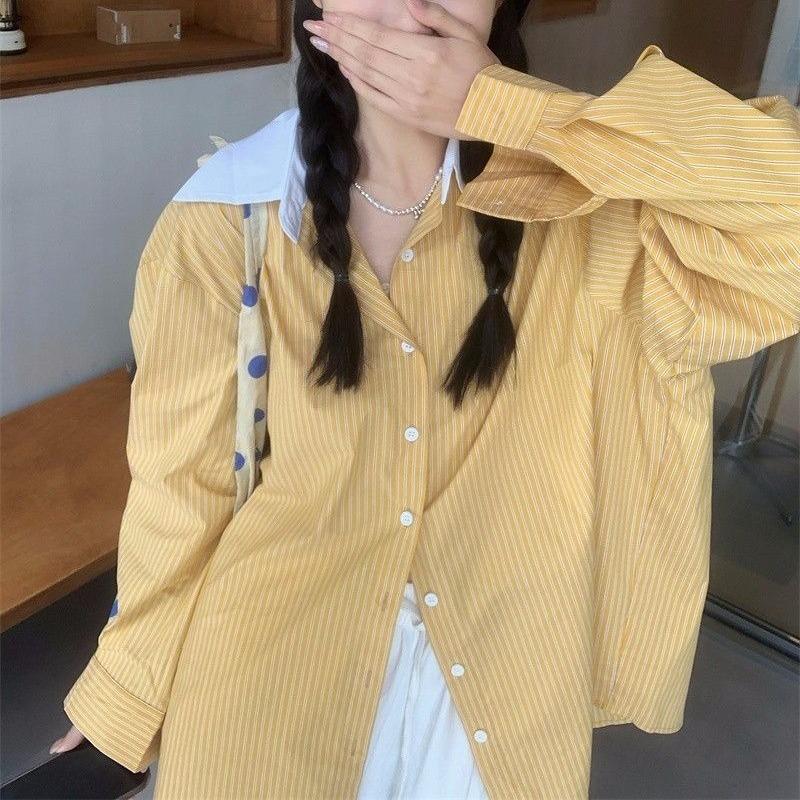 

Women s Striped Design Shirt Color Blocked Turndown Collar Single Breasted Famale Blouse Spring Loose Casual Ladies Long Sleeved Top M жёлтый