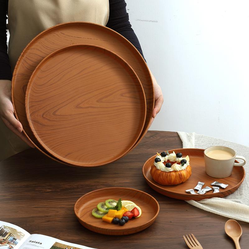 Imitation Wood Grain Tray Round Plastic Tray Dinner Tray Tea Tray Household Water Cup Storage Tray Cake Tray Fruit Tray