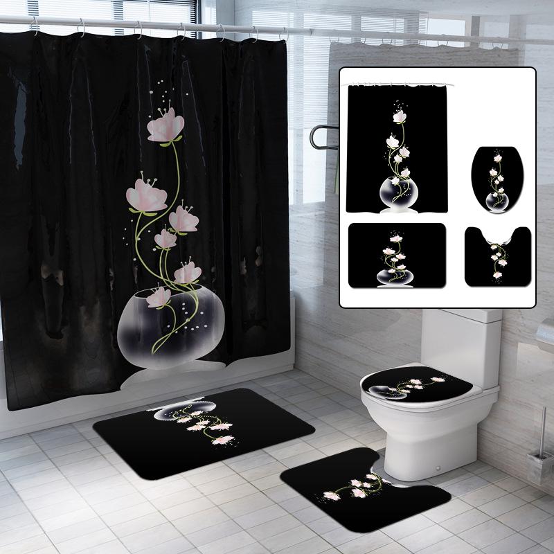 Bathroom Shower Curtain+Non-slip Bath Mat Pedestal Toilet Seat Cover Lid Rug Set
