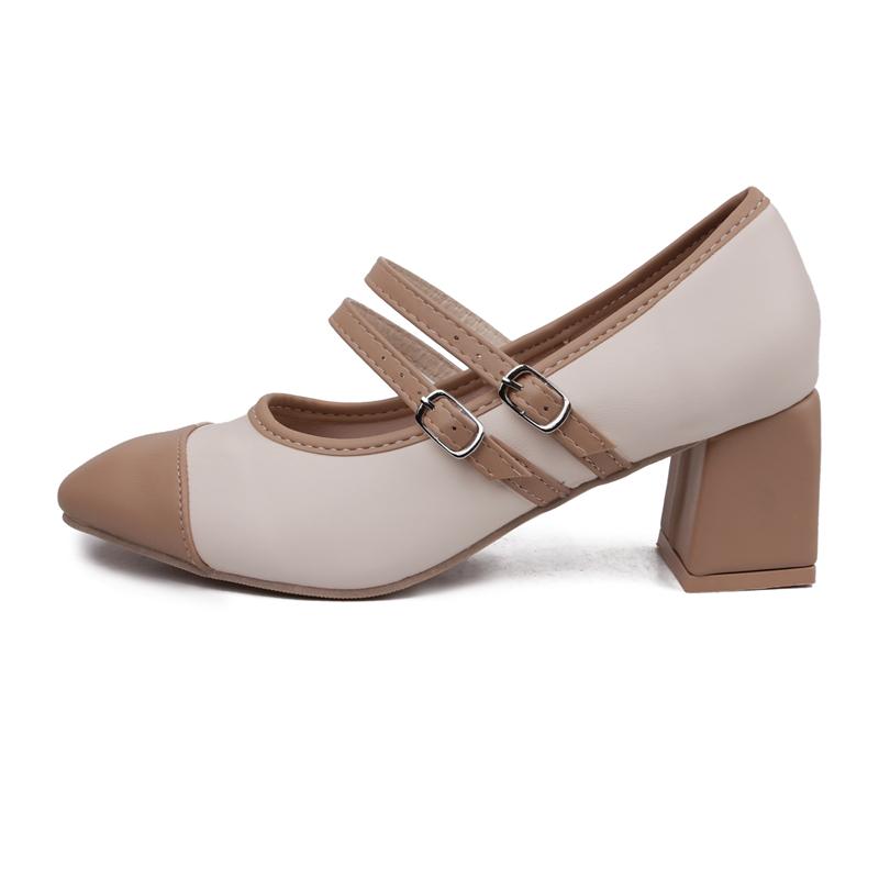 

2025 Новые женские туфли-лодочки разных цветов на двойной пряжке Мэри Джейн Туфли на высоком каблуке Туфли для платья Пэчворк 35 абрикосовый