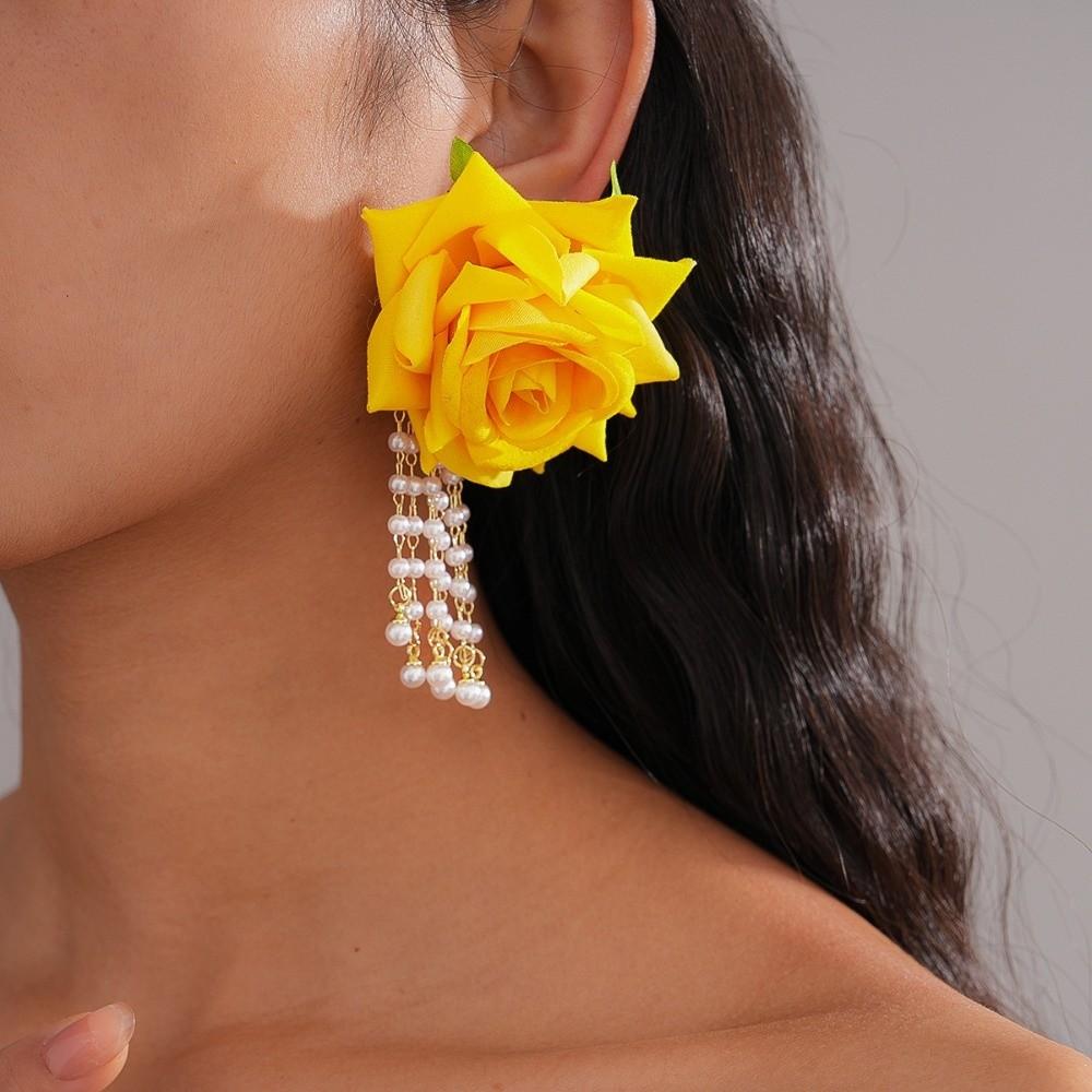 1 pair Bohemian Style Yellow Rose Earrings Chinese Rose Earrings  Festival Ear Accessories