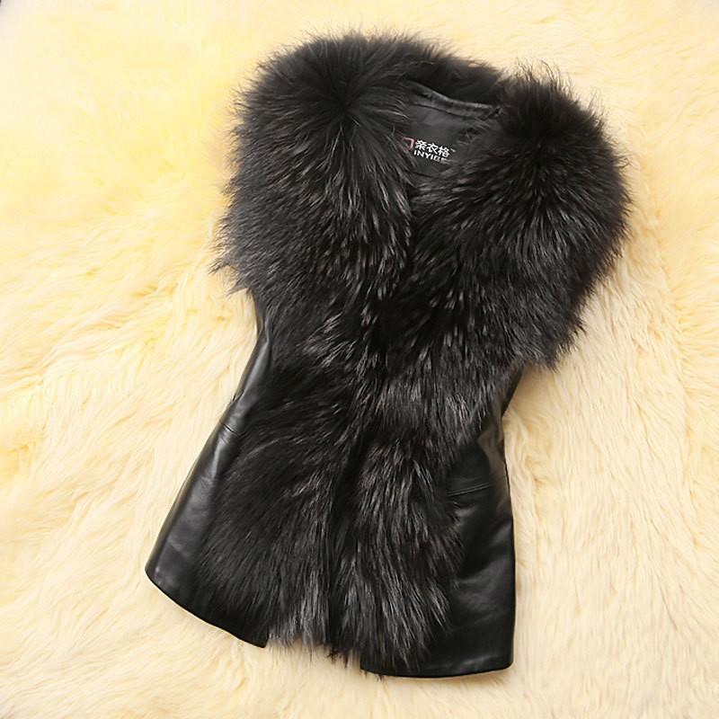 Winter Women Fur Vest Female PU Waistcoat Ladies PU Leather Splicing Faux Fur Collar Sleeveless Jacket S