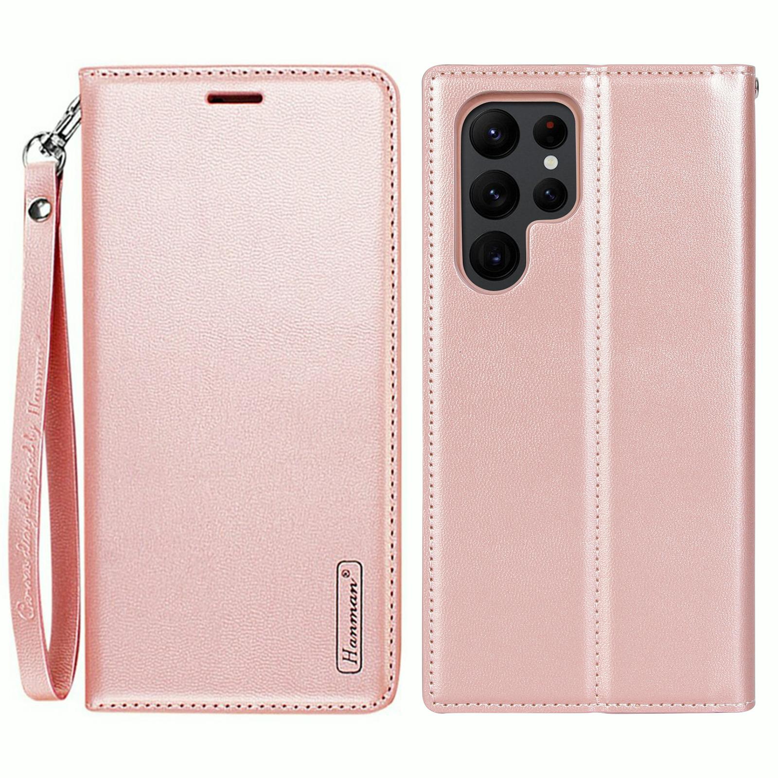 

HANMAN Minuo Series For Samsung Galaxy S24 Ultra Magnetic Case PU Leather Wallet Phone Cover Rose Gold