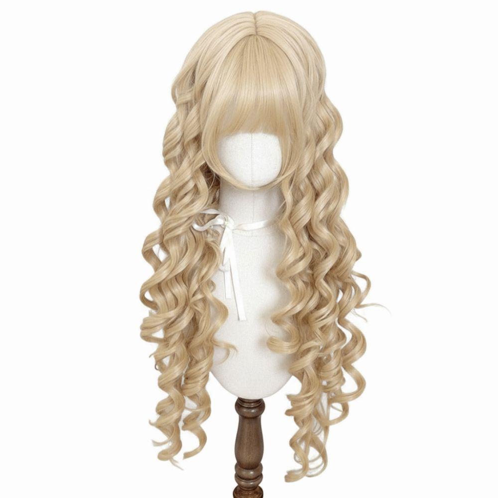 Harajuku Long Blonde Cosplay Wig 28inch Lolita Wig with Bangs Princess Curly Wavy Wig Carnival