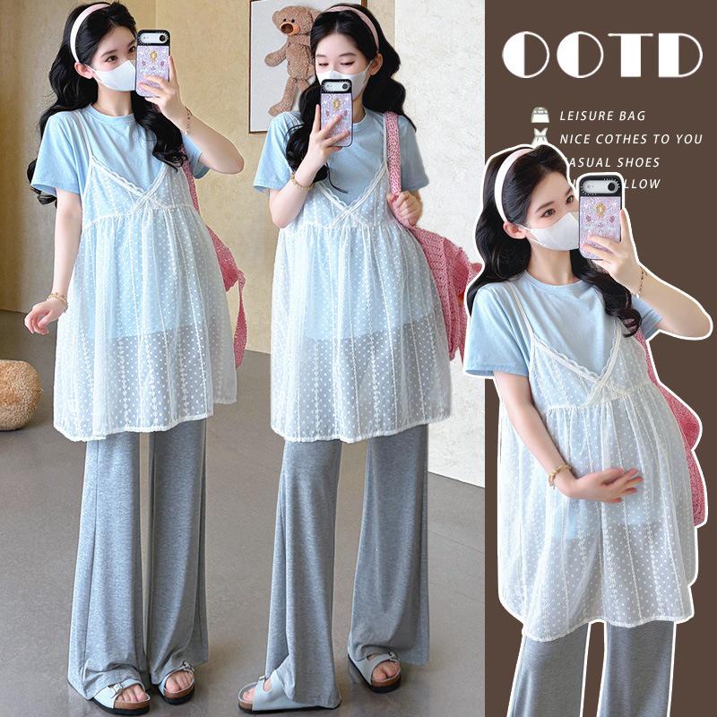 

2026 Summer Loose T-Shirt & Lace Camisole with Micro-Flare Pants Set M