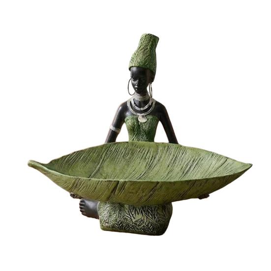 African Woman Holding Leaf Bowl Resin Statue Tribal Kneeling Figurine Jewelry Tray Desktop Decorative Snack Holder for Home Shelf Decor зелёный