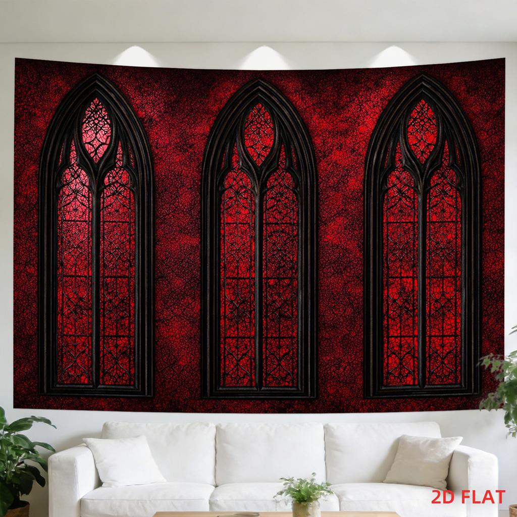 Gothic Window Tapestry Wall Hanging Red Background Cathedral Style Polyester Fabric Home Decor Artwork for Living Room Bedroom G