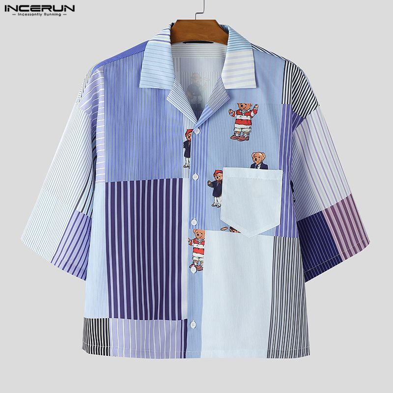 INCERUN Summer Men Lapel Half Sleeve Striped Print Button Up Casual Shirts