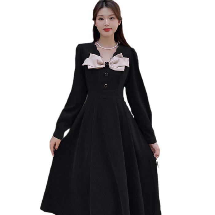 

Французское винтажное элегантное платье, женское вечернее кружевное черное платье миди с длинным рукавом Y2k, осенне-зимнее платье 2XL чёрный