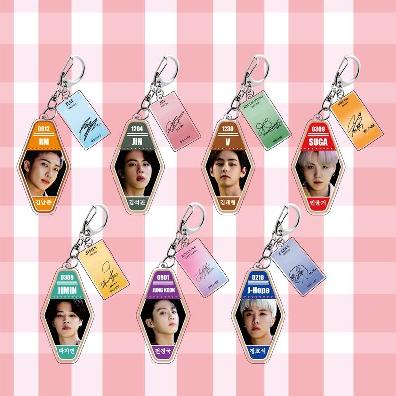 BTS Keychain, Bangtan Boys Key Tag with Photo & Signature Charm, Kpop ARMY Fans Bag Accessory(Jin RM Suga Jimin V J-Hope Jungkook)