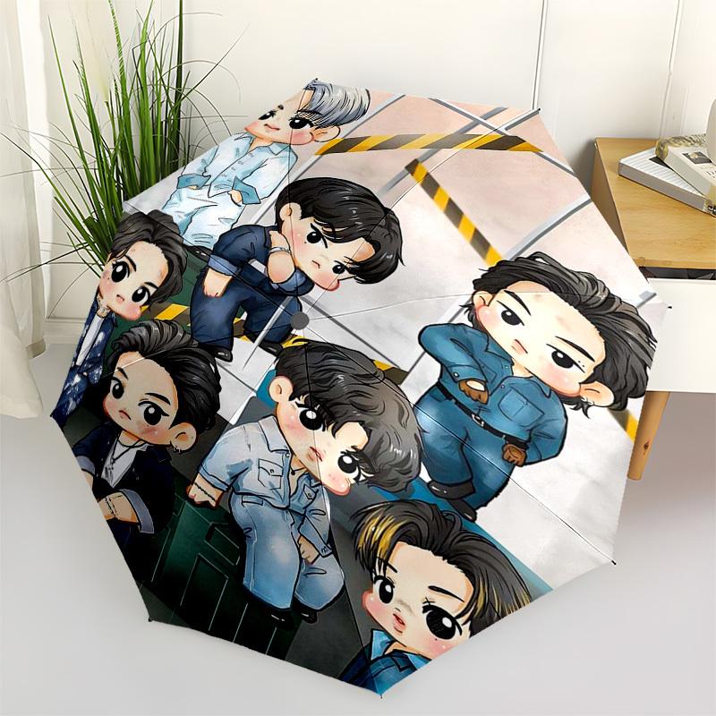 

1pc Outdoor Umbrella with BTS Cartoon Characters - Automatic Opening/Closing, Portable 3-Fold Design, 8-Rib Iron Frame - Perfect Gift for Fans, T