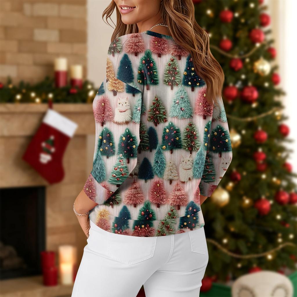 Women's Fashion Long Sleeve Christmas Snowflake Print Top Elegant Casual Top