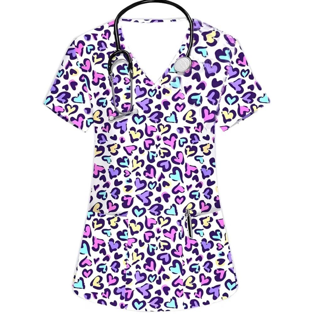 Nursing Uniform Woman Comfortable Dentist Vet V-Neck Short Sleeve Women Scrub Fashion Heart Pattern Print Clinical Uniform Woman