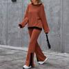 Women's Fashionable Color Blocked Round Neck Long Sleeved Top, High Waist Split Casual Pants Loose Home Suit Set