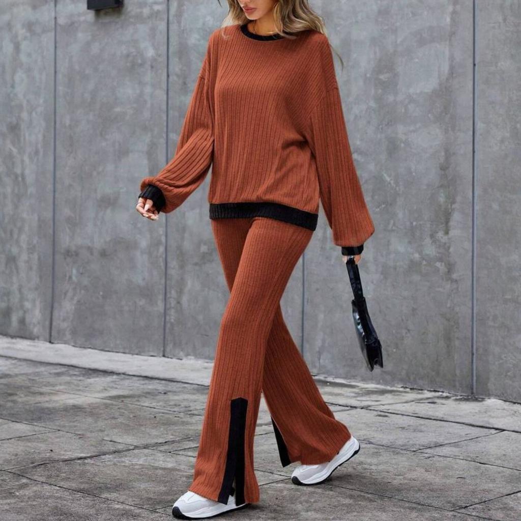 Women's Fashionable Color Blocked Round Neck Long Sleeved Top, High Waist Split Casual Pants Loose Home Suit Set