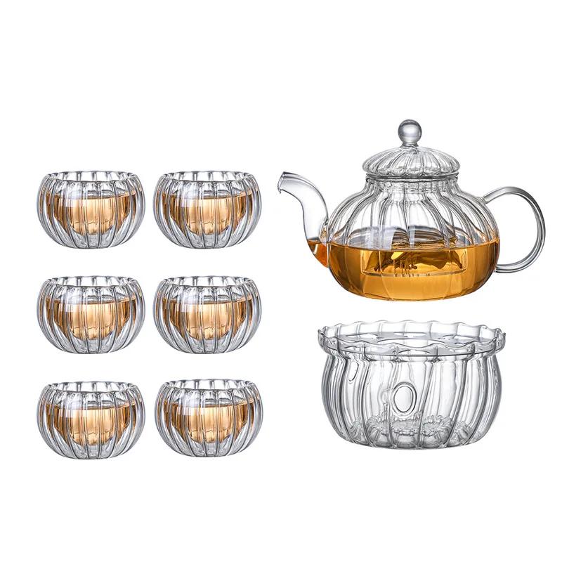 Flower Tea Pot Heat Resistant Glass Striped Pumpkin Filter Inner Tank Soaking Home and Kitchen Supplies