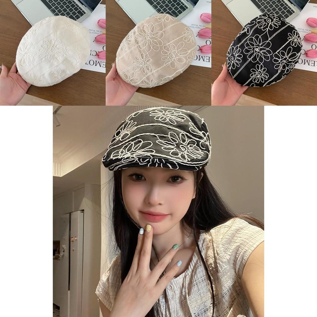 Vintage Korean Stylish Floral Embroidered Beret Hat For Summer Unisex Design