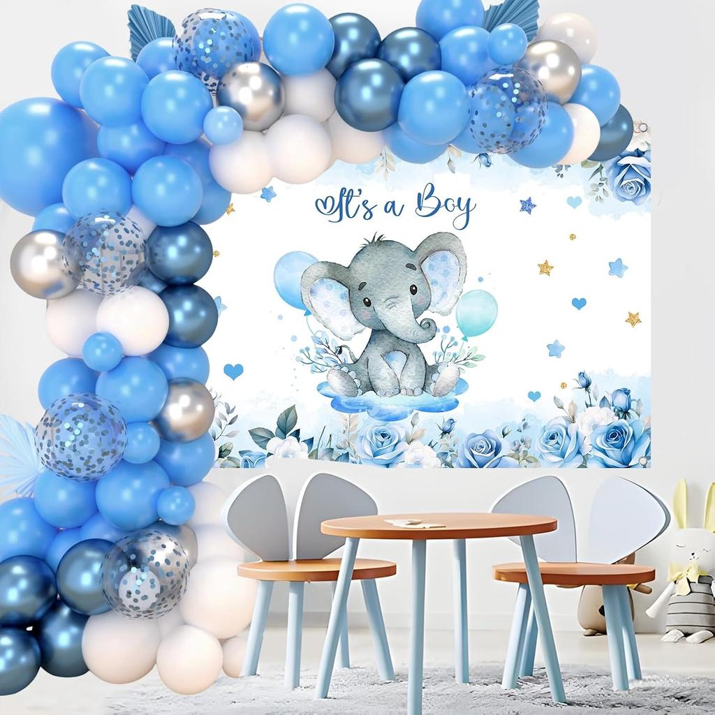 Boy Elephant Baby Shower Decorations Boxes - Baby Blue Balloon Garland Kit,Baby Shower Boxes,It's a Boy Backdrop Tablecloth for Elephant Theme Party