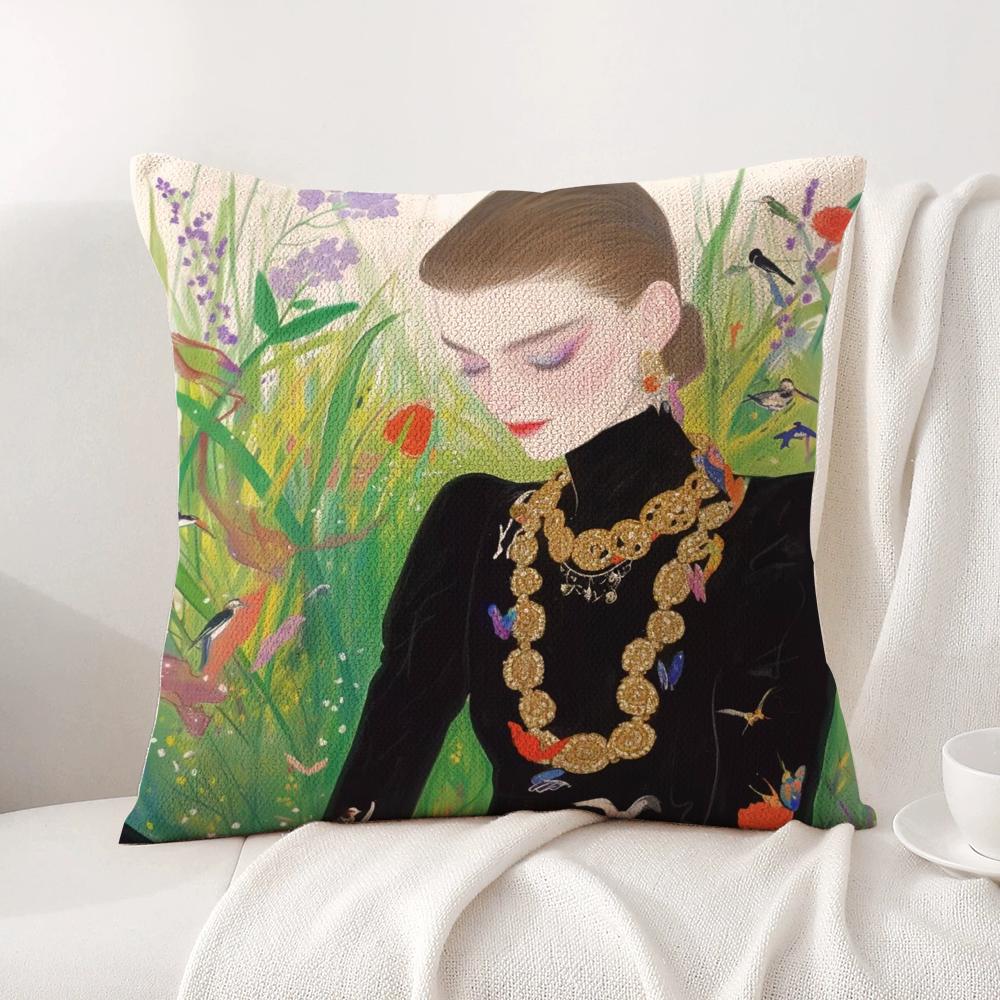 Fashion Illustration Cushion Cover Natural Linen Organic Fabric DoubleSided Printing Sofa Home Decor Breathable Bed Pillow