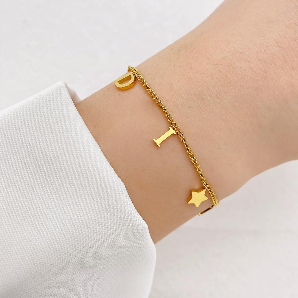 Htpwe Korea New Fashion Letter Star Pendant Bracelet Woman Vintage Stainless Steel Bracelet Luxury Zircon Accessories Gifts