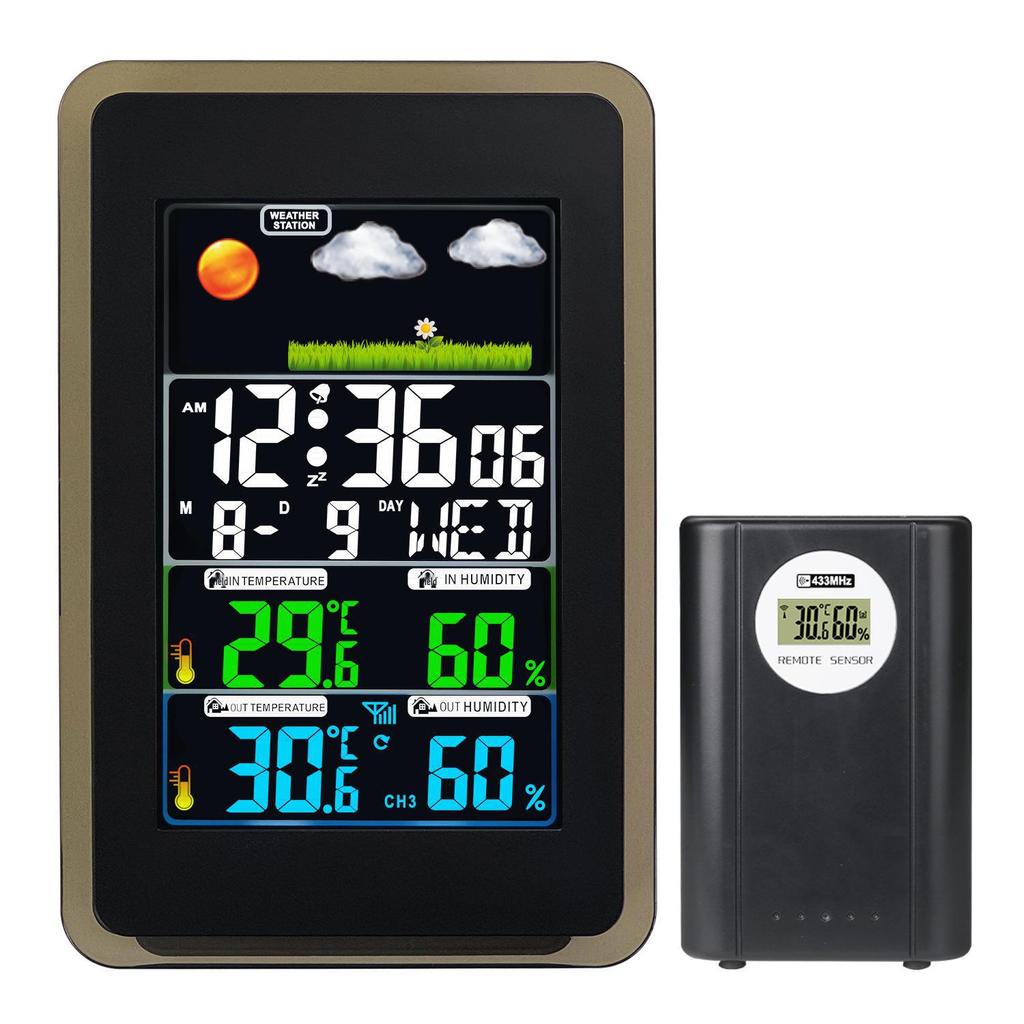 "433MHz bezdrátové hodiny předpovědi počasí s barevným displejem, vnitřní/venkovní monitorování teploty a vlhkosti a duální alarm"