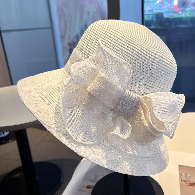 French elegant lace bow straw hat women's spring and summer sun protection sun hat big brim seaside vacation photo top hat