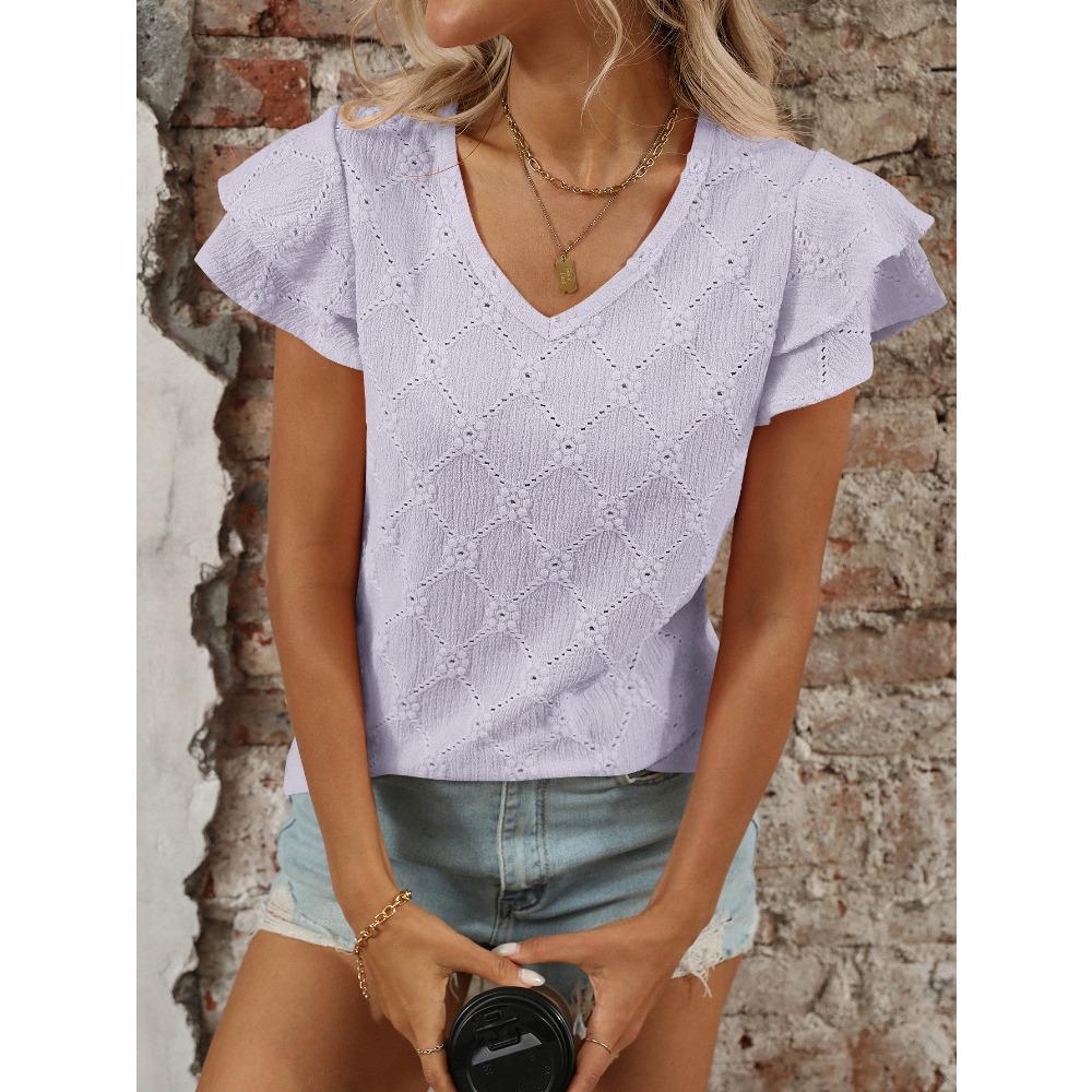 Frisches Sommer Damen Einfarbiges V-Ausschnitt Süßes Kurzarm T-Shirt Ausgehöhltes Top