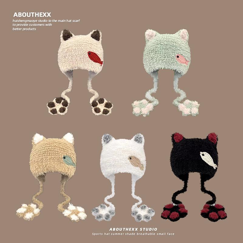 Cute Cat Claw Plush Hat for Women's Ear Protection Lei Feng Hat Knitted Cartoon Riding Warm Versatile Bag Head Hat Men