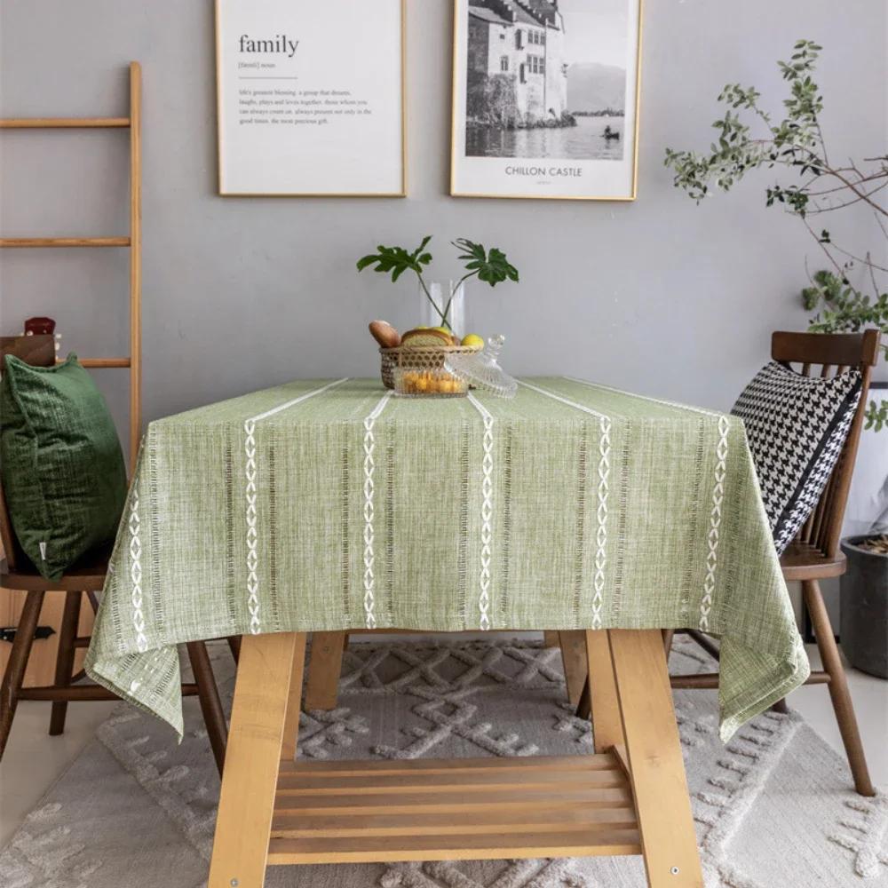 Tablecloth Cotton Linen Stripe Resistant Dust-Proof Soft Table Cover for Kitchen Dinning Wedding Tabletop Decoration Rectangular
