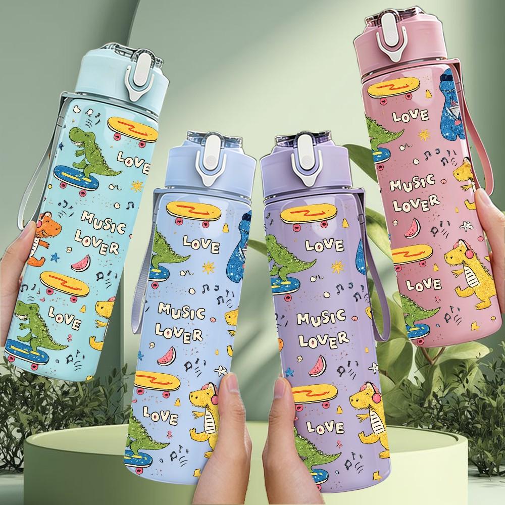 1PC Dino Doodle Hand Drawn Pattern 750ml Color Plastic Sports Water Bottle Leakproof Flip Straw Lid Suitable for Sports Office Home Use