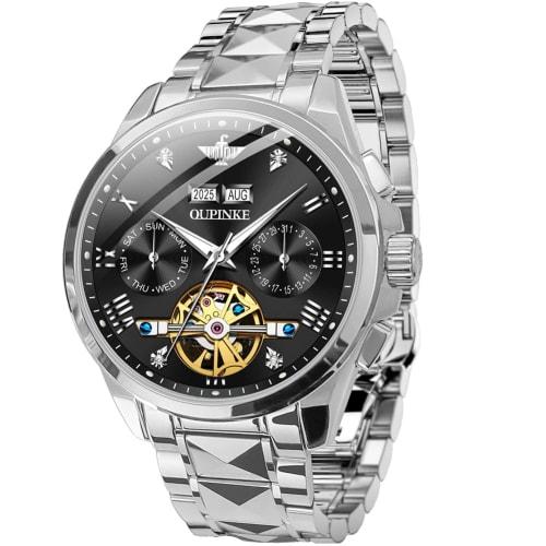 Men's Watch, Black Dial, Popular, Luxury, Gentleman's Brand, Skeleton, Tungsten Steel, Automatic, Sapphire, Calendar, Black, Luminous