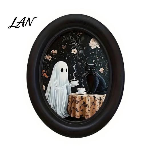 Ghost Oil Painting Print Halloween Wall Art, Cute Table Sign, Vintage Oval Framed Decor Picture, Decorative Art for Mantel Living Room Bedroom