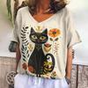 Retro T-shirt Women's V-neck Cartoon Cat Summer Casual Fashion Short Sleeve Tops Harajuku Wind T-shirt OverSize Women's Clothing