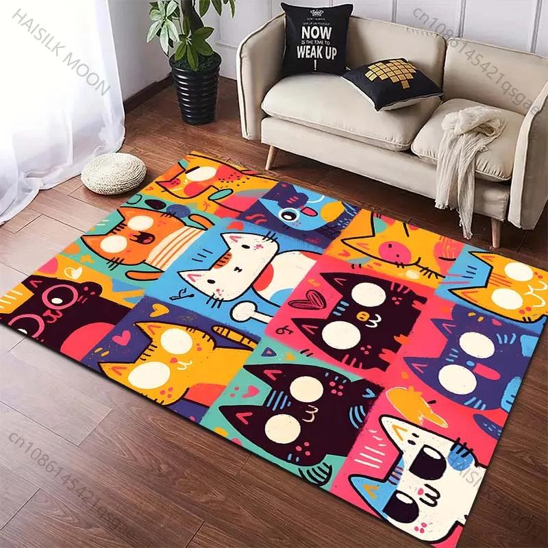 Multiple Sizes Colorful Cartoon Cat Collage Art Carpet for Living Room Bedroom Sofa Home Decor Non slip Floor Mat Modern Carpet