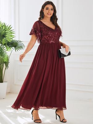 Ever-Pretty Women's V-Neck Sequin Applique Ruffles Sleeves Summer A-Line Plus Size Evening Dresses