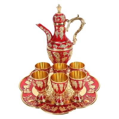 Turkish Coffee Pot Cup Set Vintage Exquisite Elegant Metal Tea Pot Set with 6 Cups for Tea Table