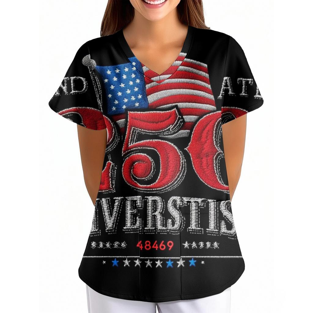 Women's Independence Day Printed Loose V-Neck Pocket Short-Sleeve Caregiver/Uniform