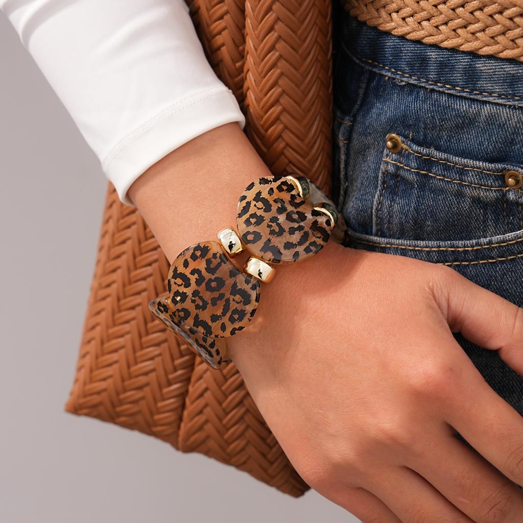 Acrylic Smudged Leopard Print Splicing Bangles for Women Personalized Fashion Gold Color Bracelet Exaggerated Style Hand Jewelry