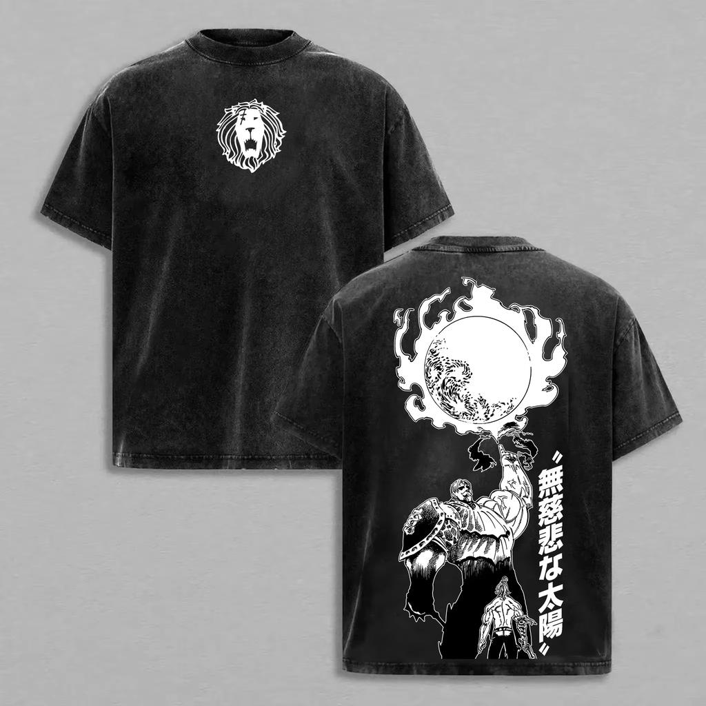 Sommer Japanischer Anime Vintage Gewaschenes T-Shirt Die Sieben Todsünden Escanor Grafikdruck Unisex Locker geschnittenes Hemd