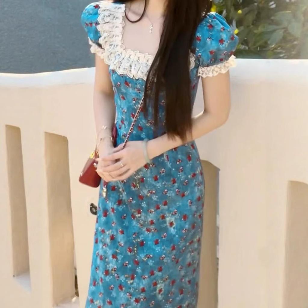 French High-end Blue Floral Dress Women's Summer New Small Unique and Beautiful Long Dress