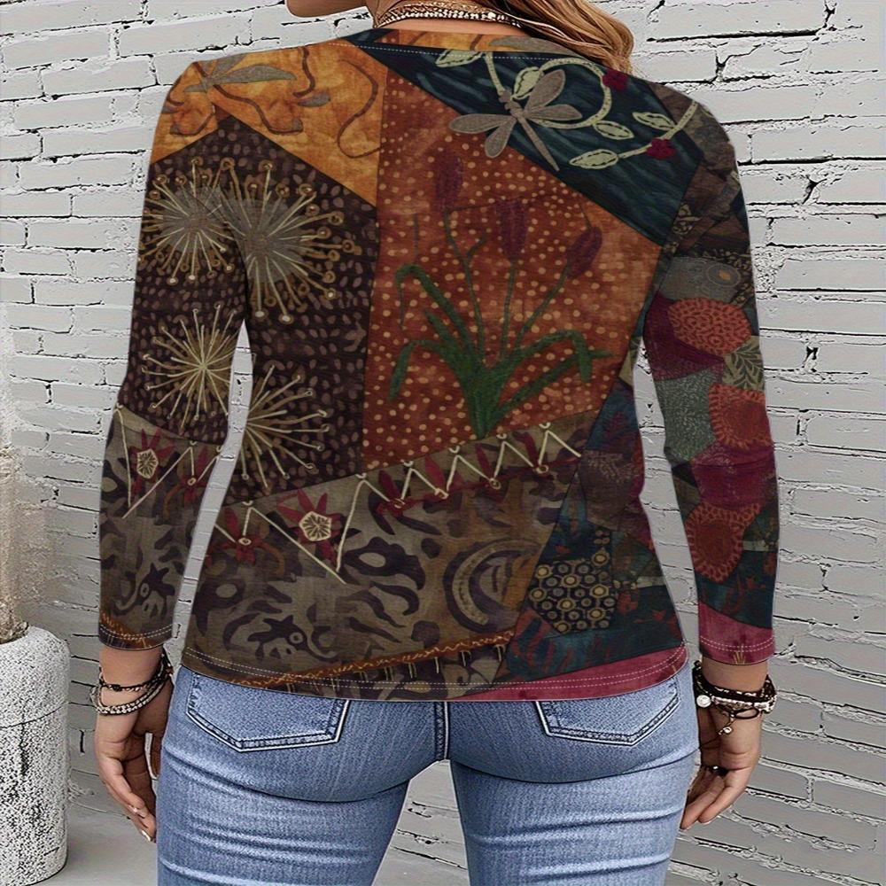 Ladies' Bohemian Floral Print T-Shirt Round Neck Long Sleeve Casual Top, Opaque And Machine Washable, Suitable for Spring