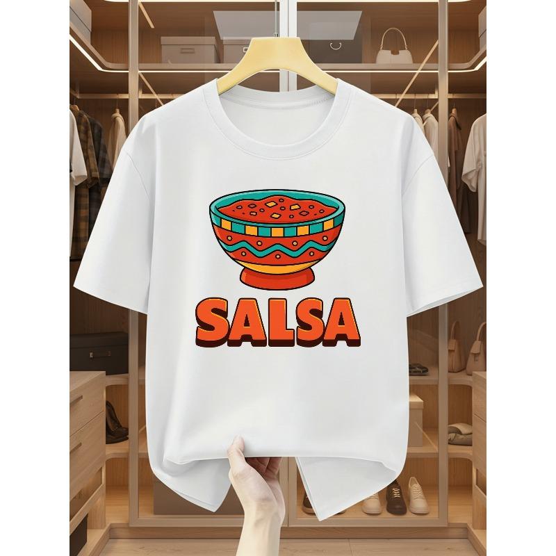 European sizes Men's T-shirt with Fun Printed Bowl of Salsa Sauce Design and "SALSA" Text, Featuring a Crew Neck and Short Sleeves