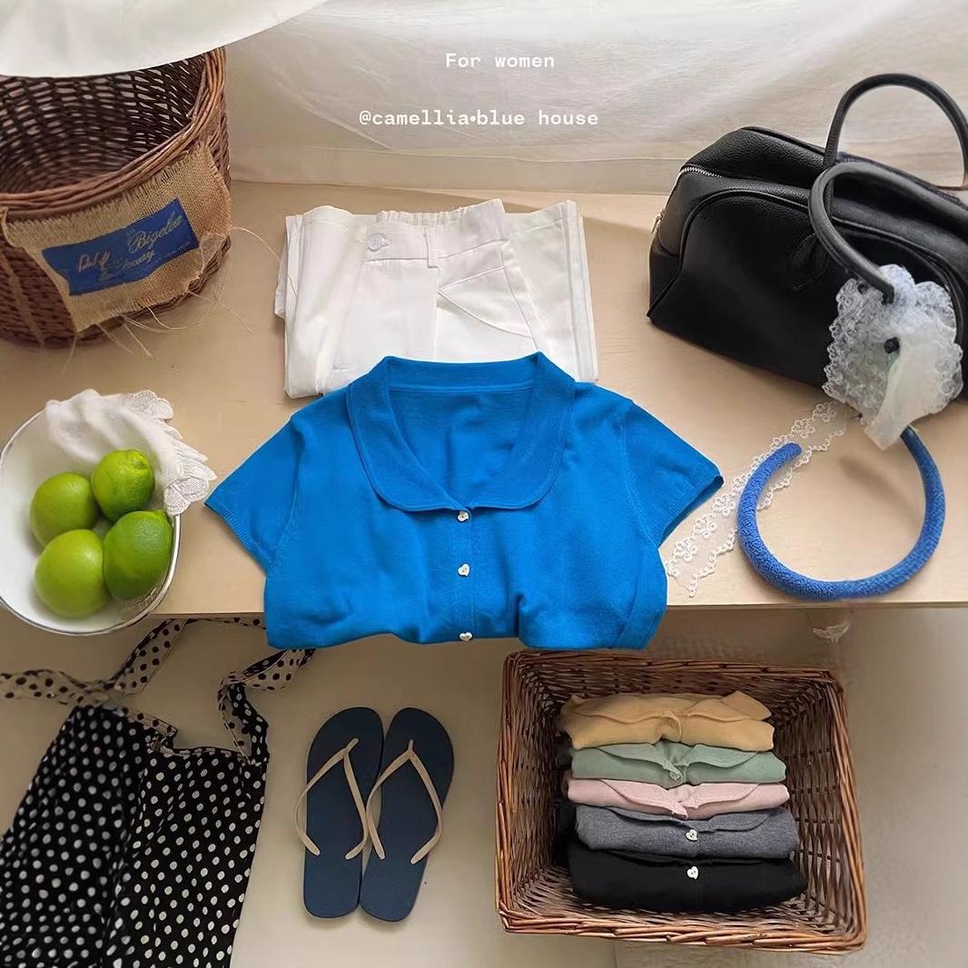 

Retro Blue Peter Pan Collar Knit Cardigan - Women s Spring/Summer Fashion Top Medium рожевий